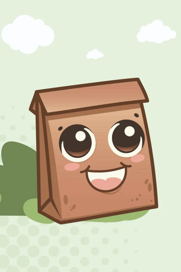 Eine Illustration zeigt eine Papiertüte mit großen Augen, die auf einer Wiese steht und lächelt. Die Tüte repräsentiert die Protagonistin Bägge in dieser Kampagne.