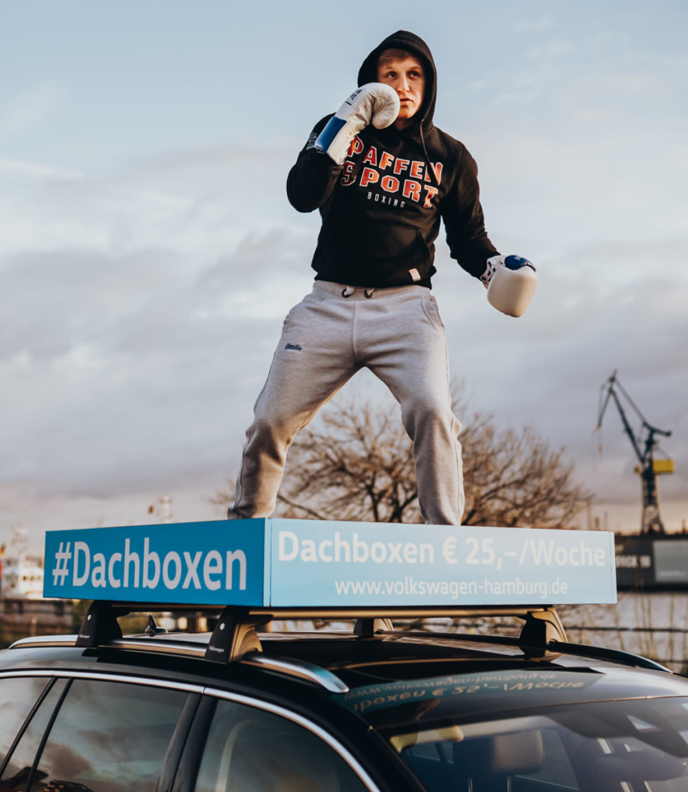 Boxer in Kampfhaltung steht auf einer türkisblauen Dachbox mit der Werbeaufschrift #Dachboxen € 25,-/Woche. Im Hintergrund sind Hafenkräne und kahle Bäume unter dem bewölkten Hamburger Himmel zu sehen.
