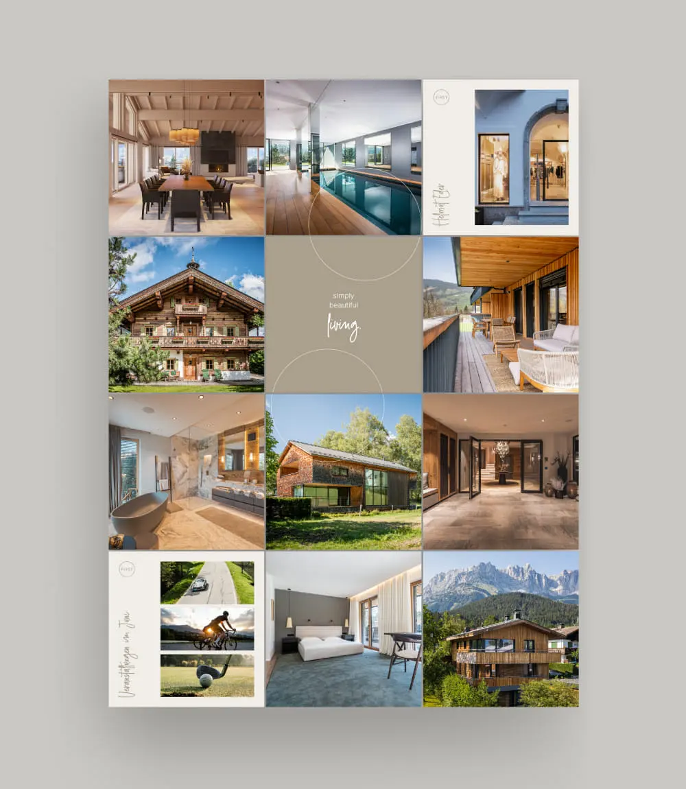 Collage mit luxuriösen Immobilien und stilvollen Innenräumen in Kitzbühel, inklusive Chalet, moderner Architektur und alpinem Panorama.