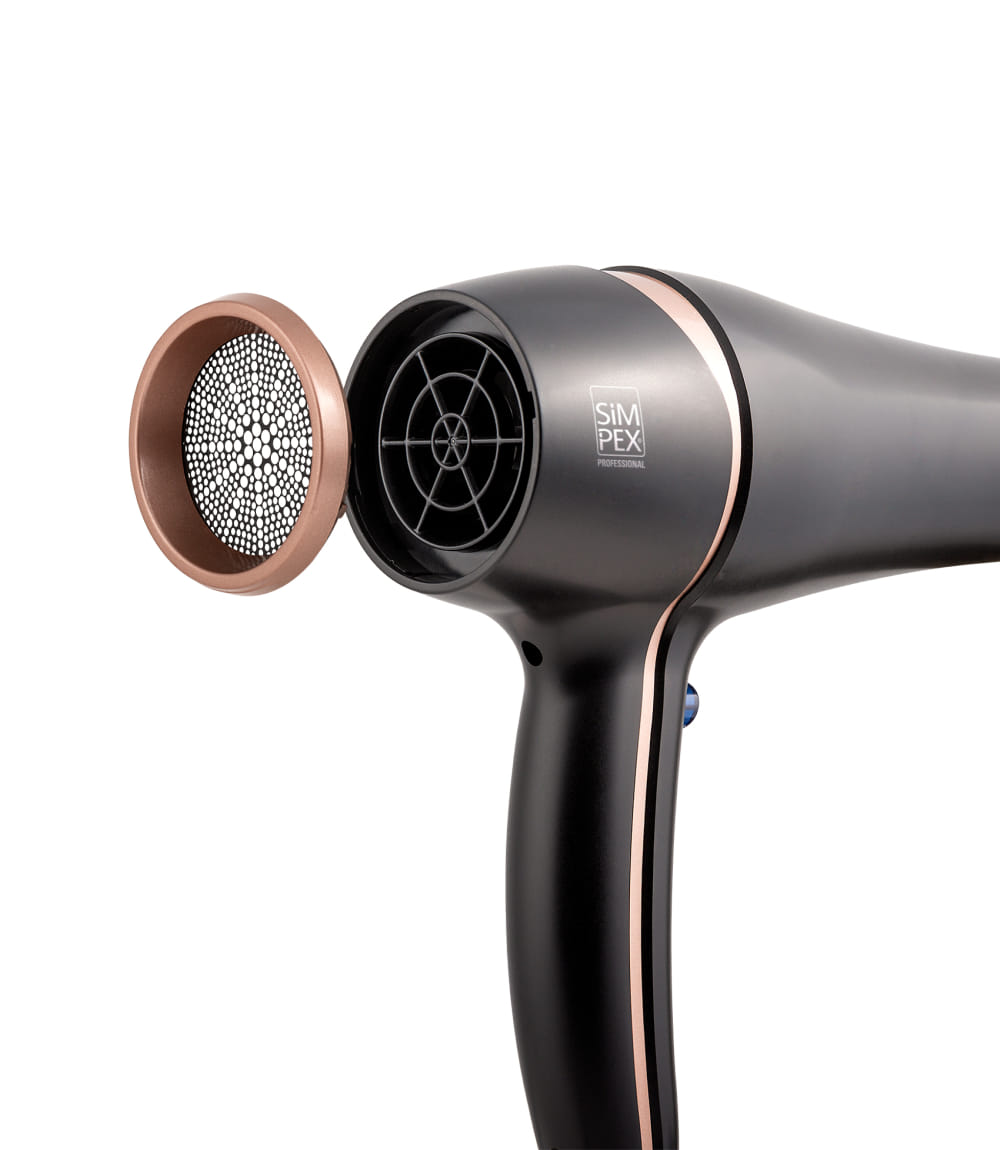 SIMPEX PROFESSIONAL Haartrockner in Schwarz mit roségoldenen Akzenten, Nahaufnahme der abnehmbaren Luftfilter-Abdeckung.