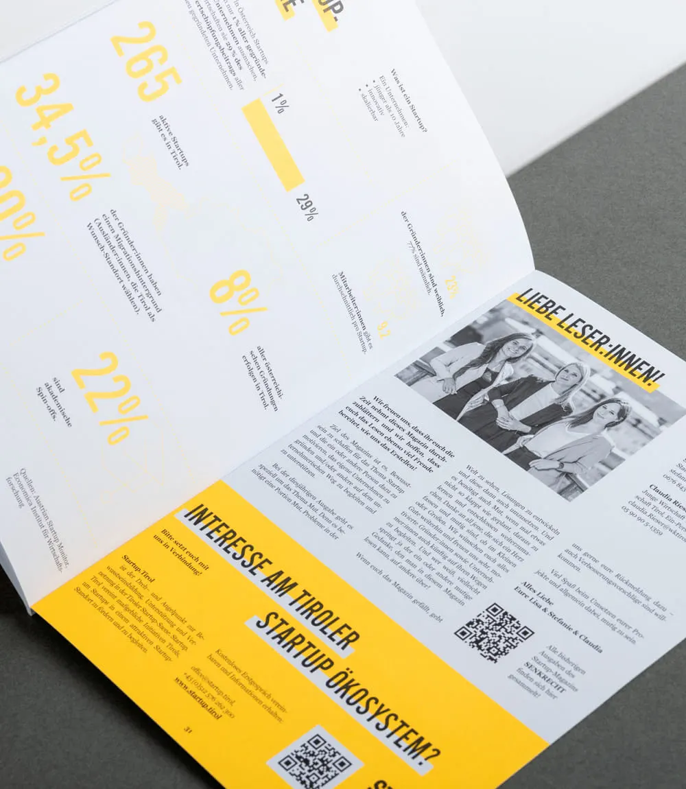 Aufgeschlagenes Senkrecht Magazin auf grauer Tischplatte. Gestaltung in weiß gelb und schwarz.