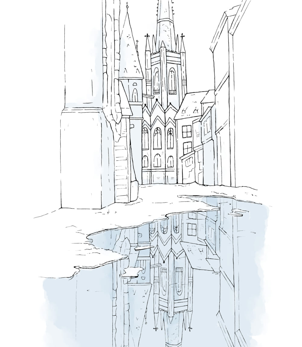 Eine feine Linienzeichnung einer historischen Stadtansicht mit gotischer Kirche im Zentrum. Die Szene spiegelt sich detailreich in einer großen Wasserpfütze im Vordergrund. 