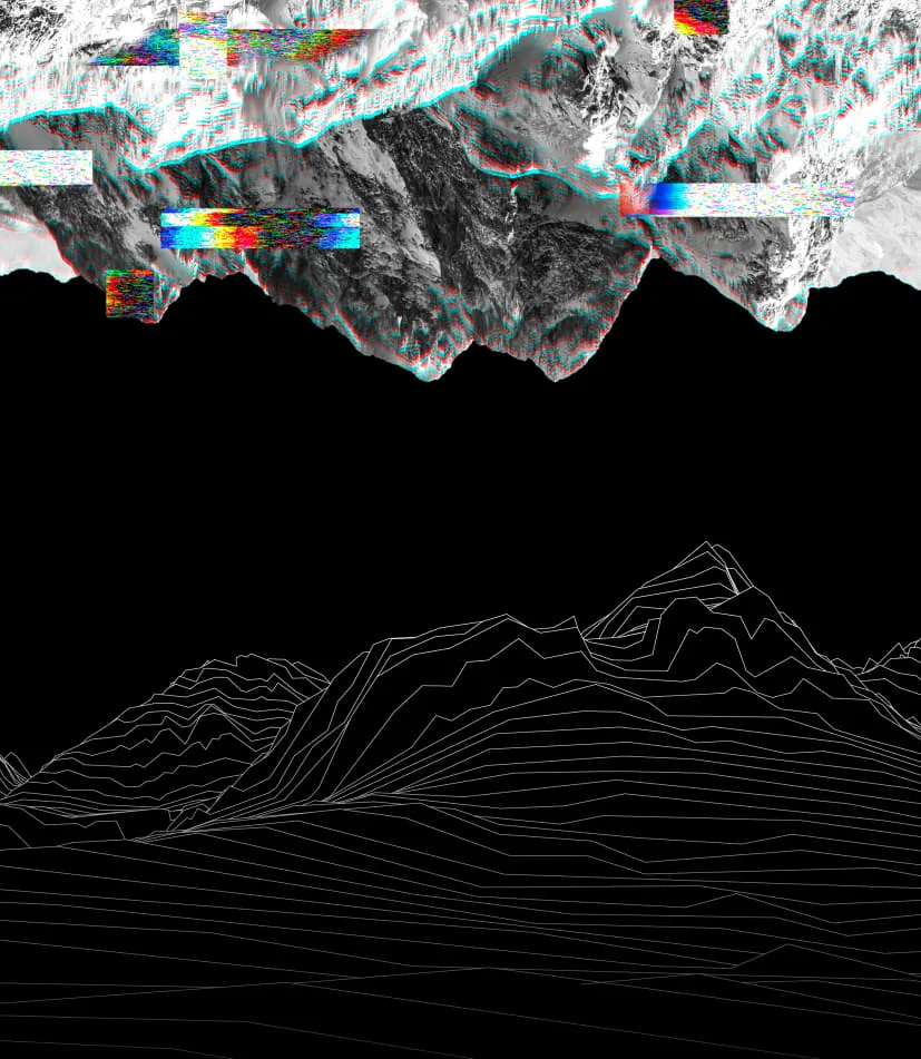Das Bild Zeigt von oben einragende Bergspitzen in Foto Optik mit Bildstörungseffekt und von unten einragend Bergspitzen in weißer Liniengrafik auf schwarzem Hintergrund.